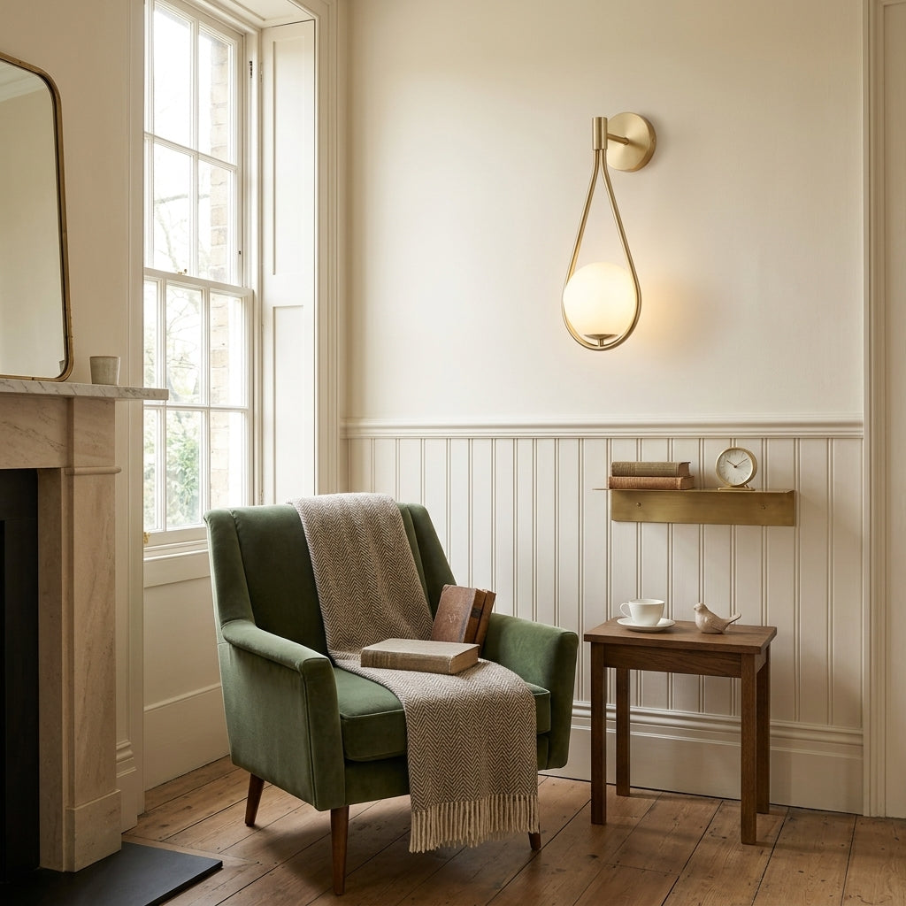 Folzi orb wall light, gold sconce mounted in a living room beside an armchair and window