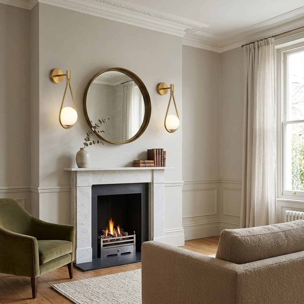Folzi orb wall light, gold sconces mounted either side of a mirror above a fireplace