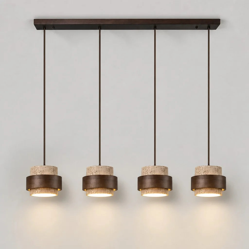 4-head linear travertine island pendant light with dark wood accents isolated on a light background