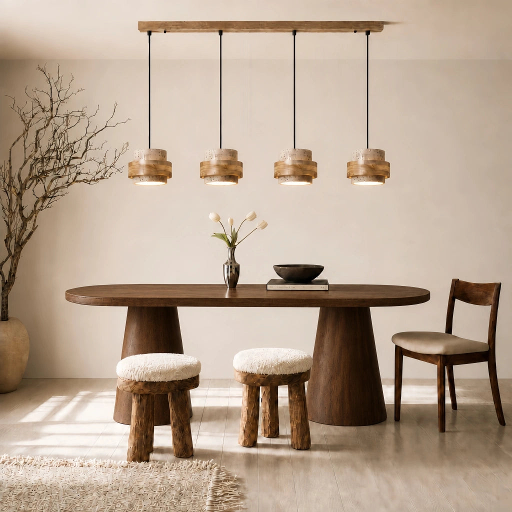 4-head natural wood and travertine stone pendant light over a long modern dining table