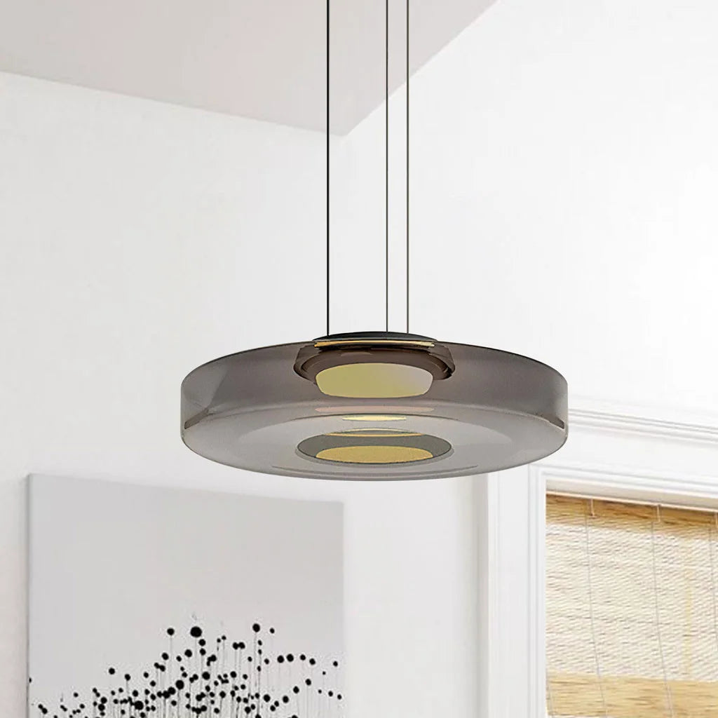 Smoke grey 1-layer tinted glass fujs pendant light with an integrated LED core