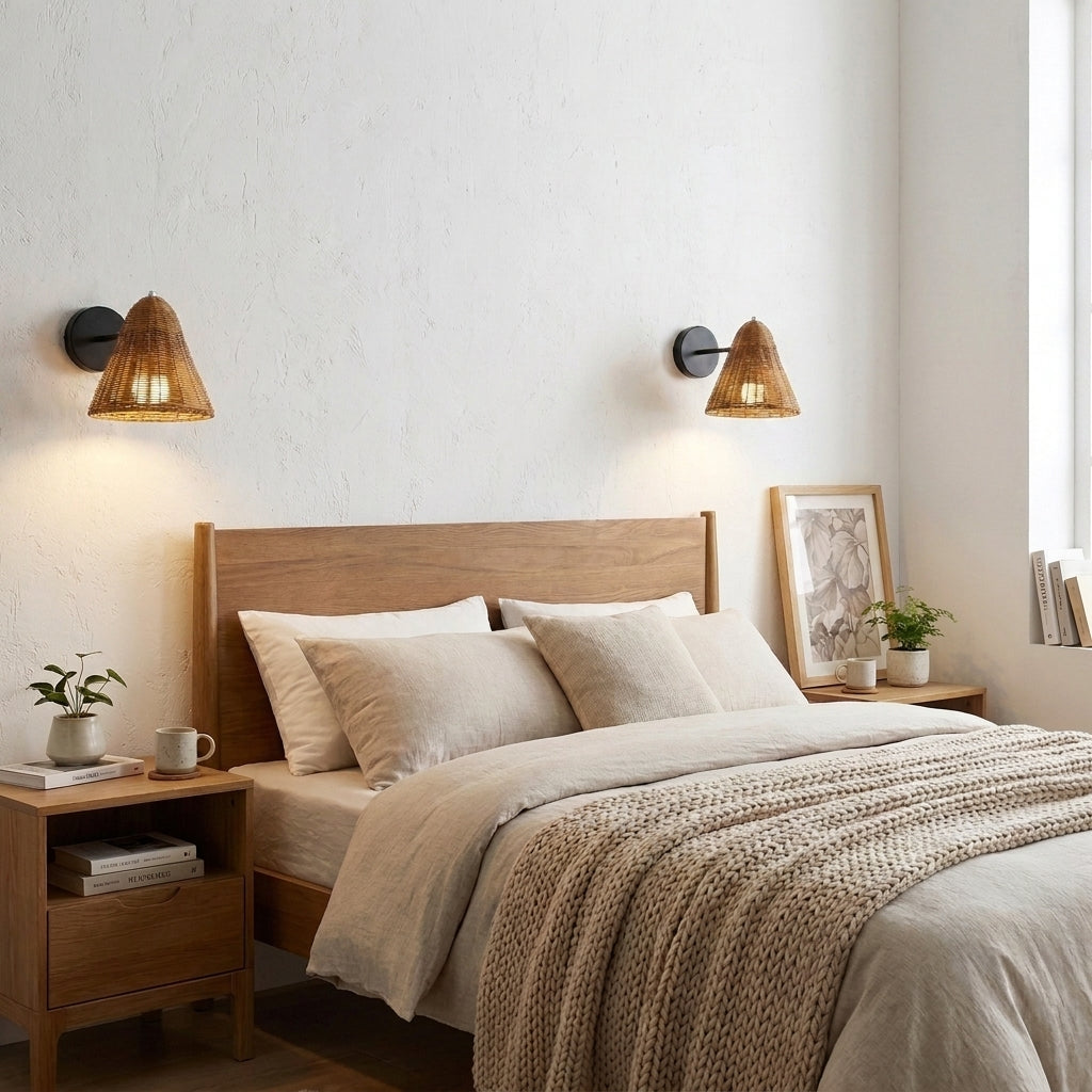 Fumzi handwoven rattan wall sconce mounted above a bedroom nightstand for soft ambient light