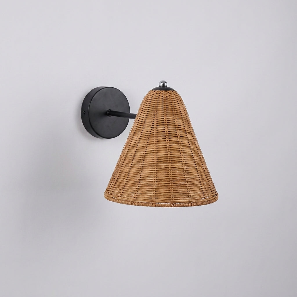 Fumzi hand-woven rattan wall sconce, Japandi wabi-sabi style wall light on plain background