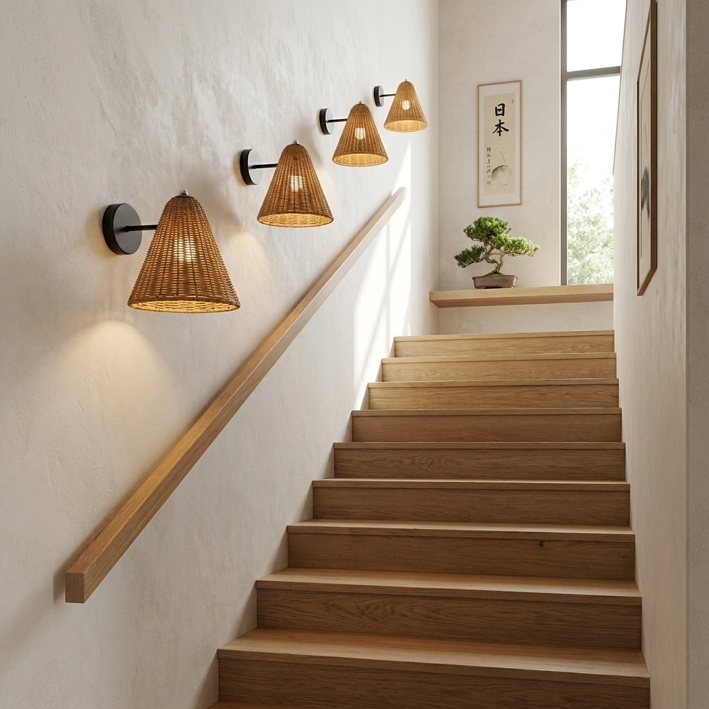 Fumzi rattan woven wall sconces mounted along a staircase wall for warm hallway lighting