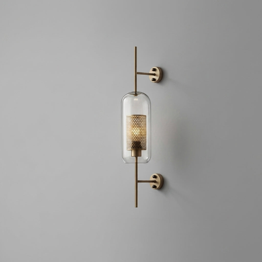 Gexli cylindrical glass wall sconce in bronze finish, angled hero view, lit