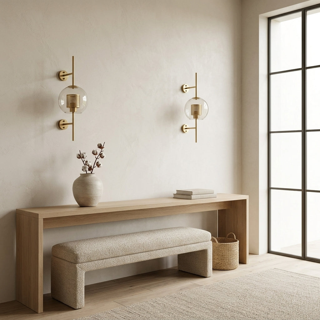 Gexli ball glass wall sconce in bronze finish, mounted near a glass door above a wood console