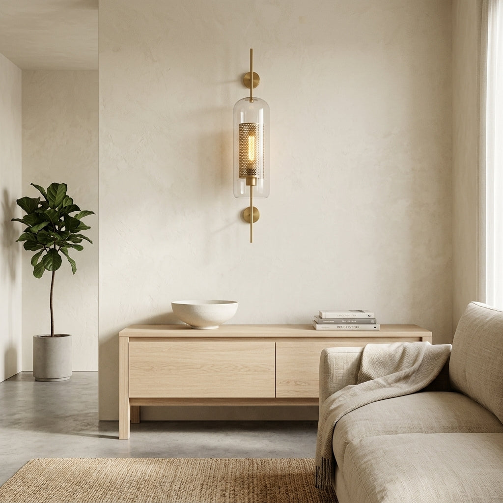 Gexli cylindrical glass wall sconce in bronze finish, mounted in an entryway beside a window with a wood console below