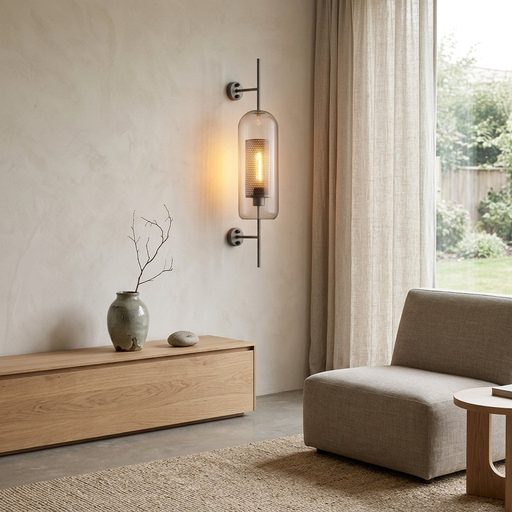 Gexli cylindrical glass wall sconce in chrome finish, mounted above a media console in a living room