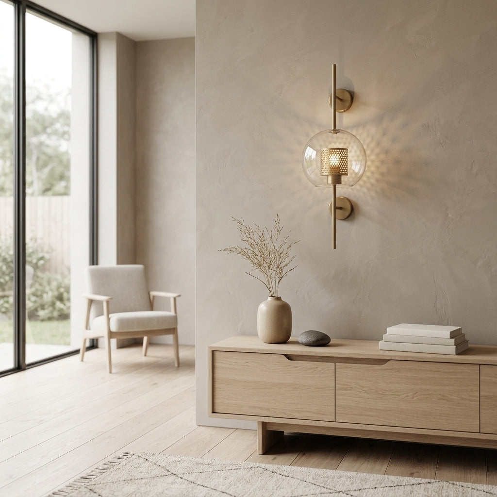 Gexli glass ball wall sconce mounted above a wooden stand on which there are books and a pot with a rock next to it