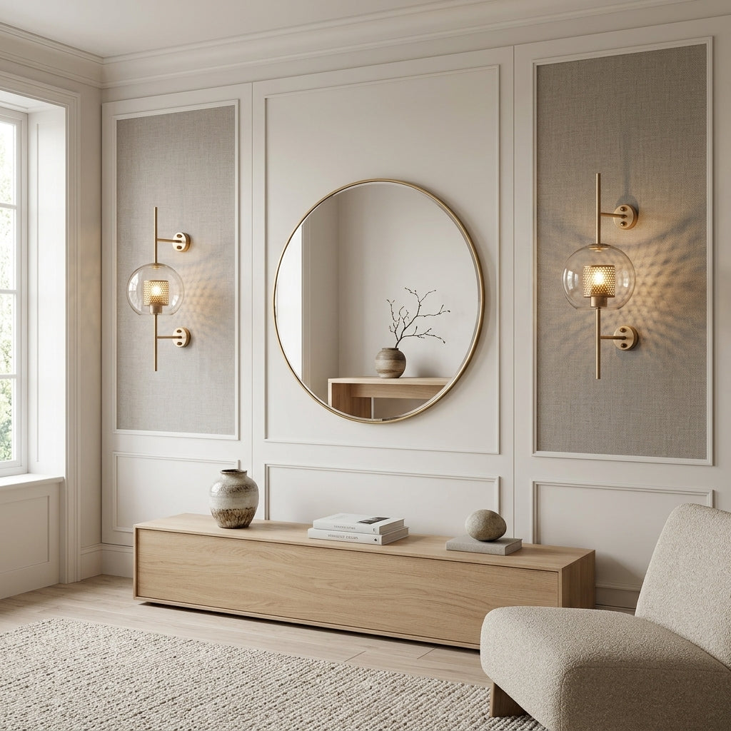 Gexli ball glass wall sconces mounted in a pair flanking a round mirror