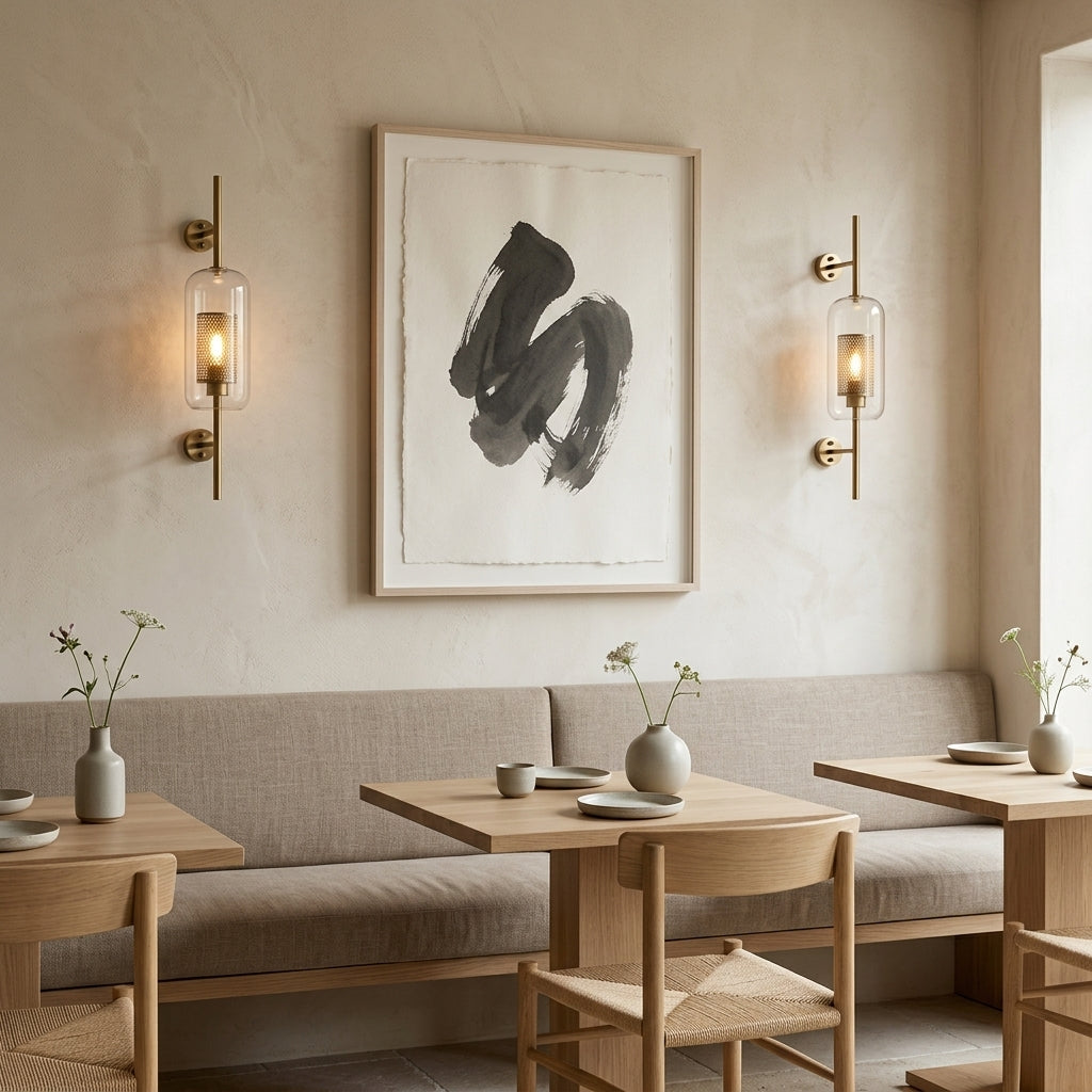 Gexli cylindrical glass wall sconce in bronze finish, mounted above a sofa seats and restaurant tables