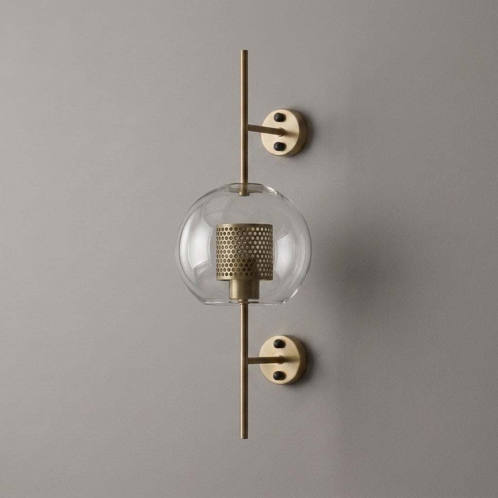Gexli ball glass wall sconce in bronze finish, angled view, lit