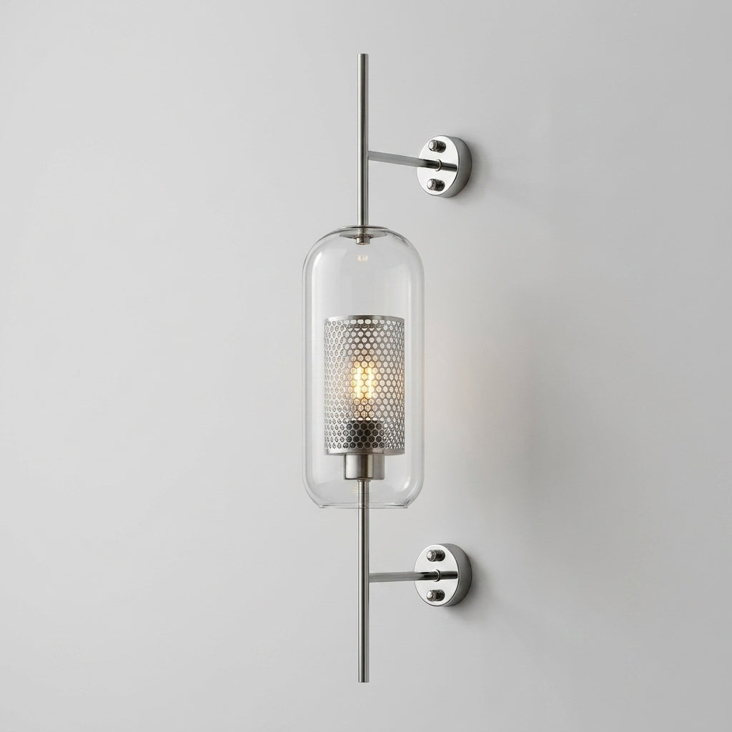 Gexli cylindrical glass wall sconce in chrome finish, front view, lit