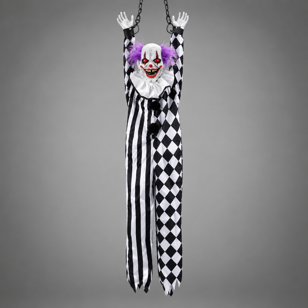 Gigglefiend Black and White Clown design hanging Halloween prop on plain grey background