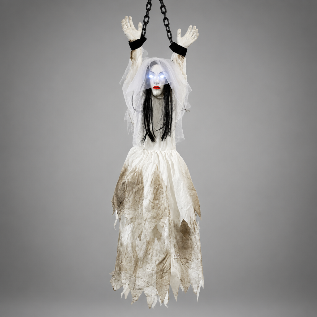Gigglefiend Ghost Bride design hanging Halloween prop on plain grey background