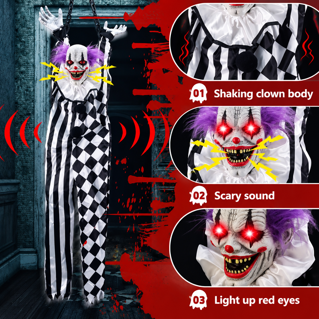 Gigglefiend feature infographic: shaking clown body, scary sound, light-up red eyes