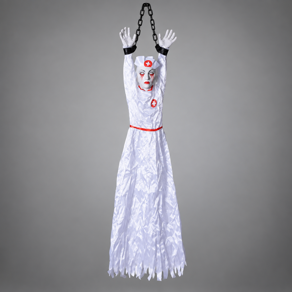 Gigglefiend Nurse design hanging Halloween prop on plain grey background