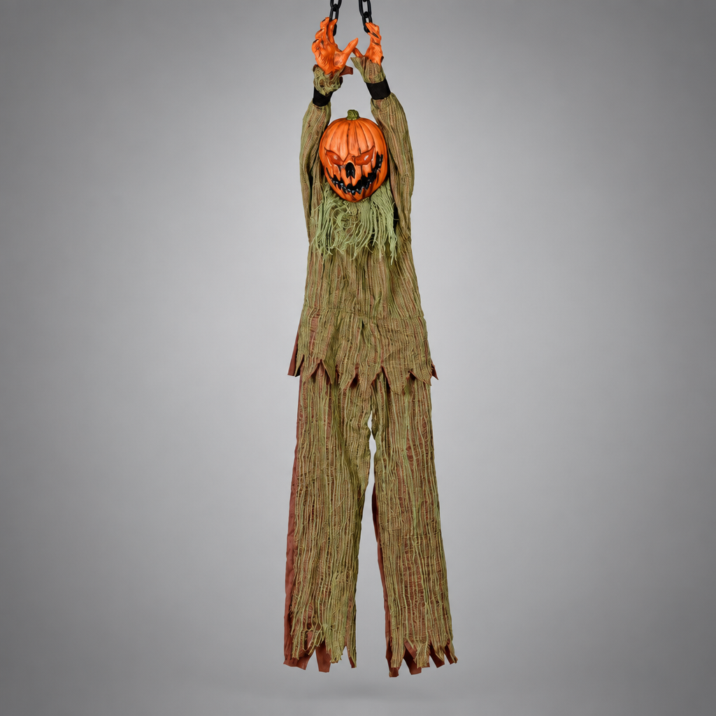 Gigglefiend Pumpkin Scarecrow design hanging Halloween prop on plain grey background