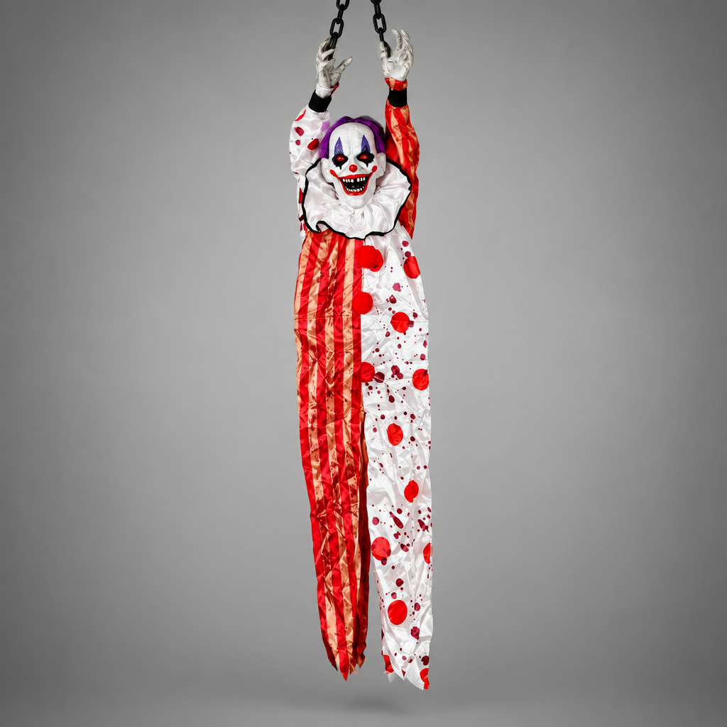 Gigglefiend Red and White Clown design hanging Halloween prop on plain grey background