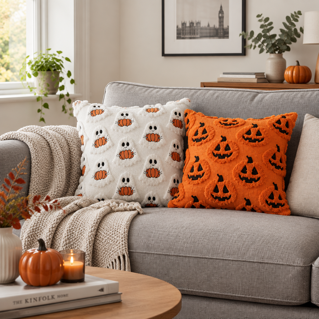 Gloomplush ghost and pumpkin and orange jack-o'-lantern Halloween throw pillow covers styled together on a sofa