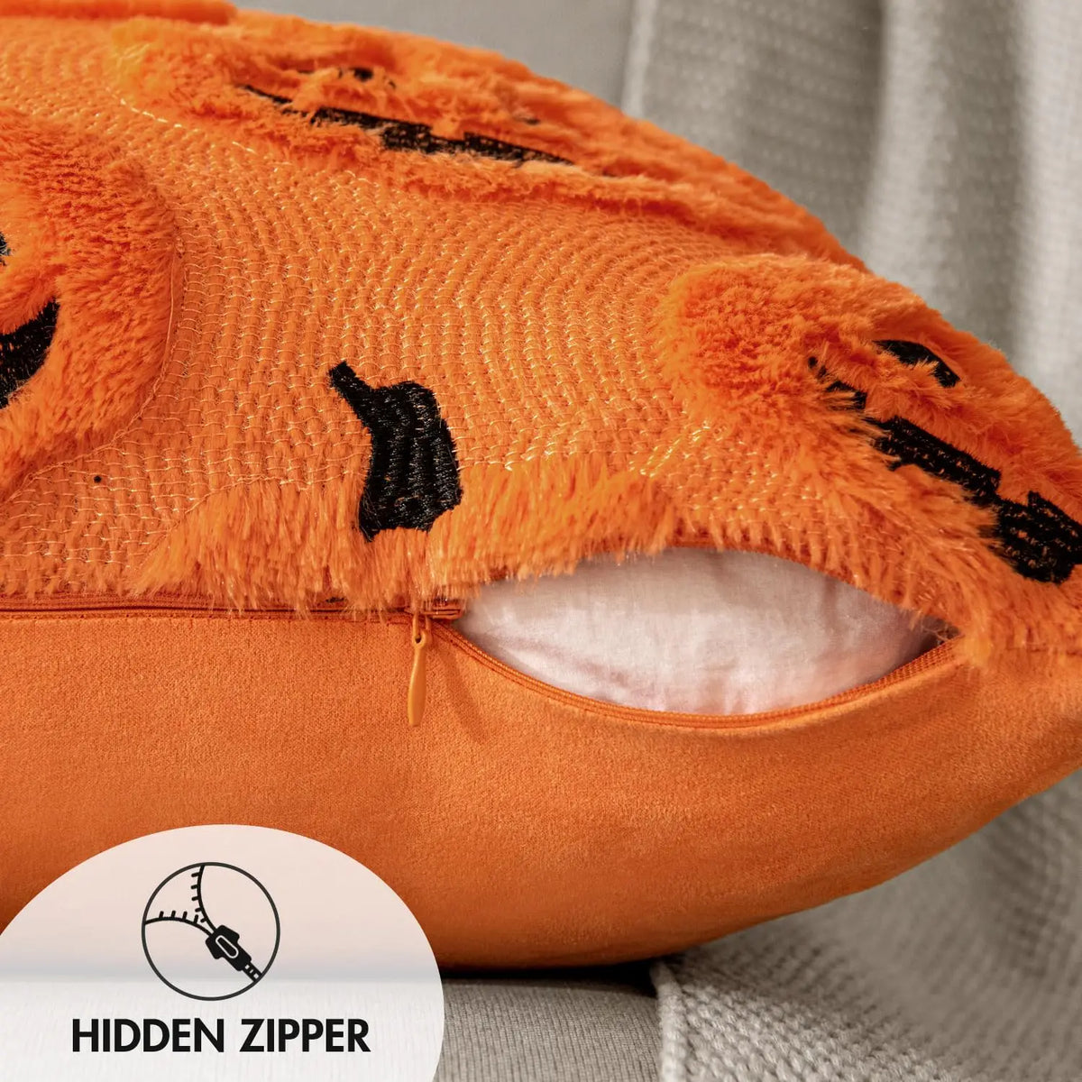 Gloomplush cushion cover hidden zipper closure detail infographic