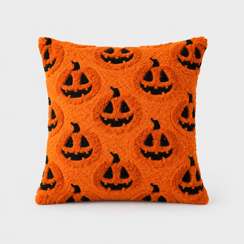 Gloomplush orange Halloween jack-o'-lantern throw pillow cover studio shot