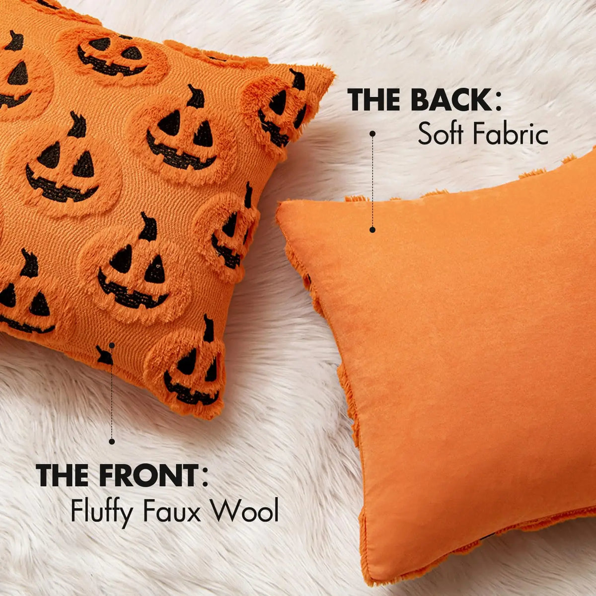 Gloomplush pillow cover front fluffy faux wool and back soft fabric detail infographic
