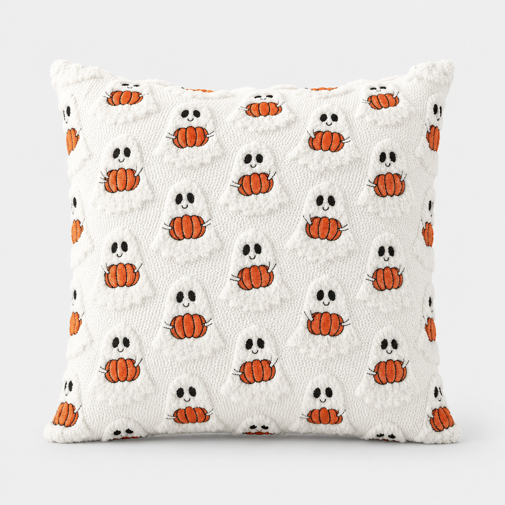 Gloomplush Style 1 white ghost and pumpkin Halloween throw pillow cover studio shot