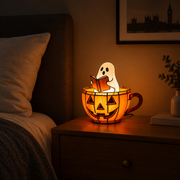 Glowboo stained glass pumpkin teacup lamp with reading ghost glowing on a bedside table in the evening