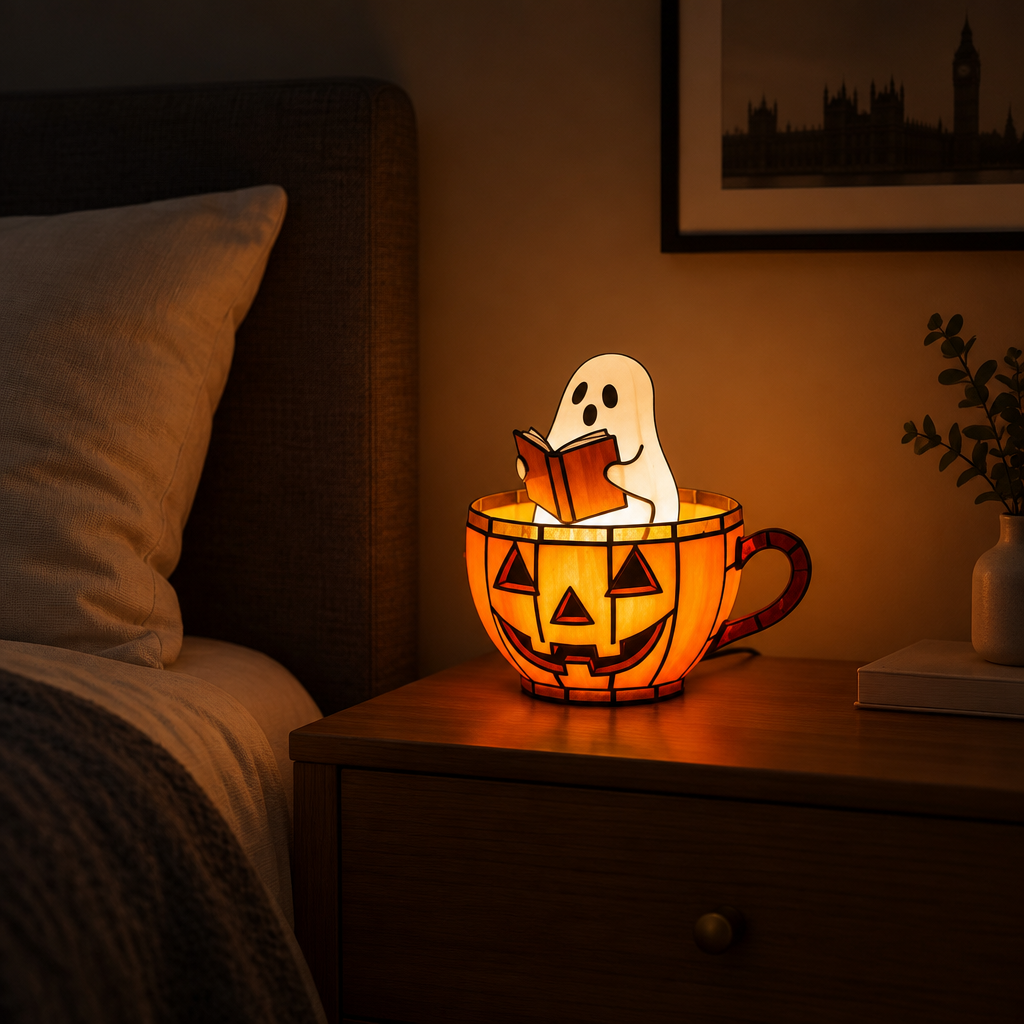 Glowboo stained glass pumpkin teacup lamp with reading ghost glowing on a bedside table in the evening