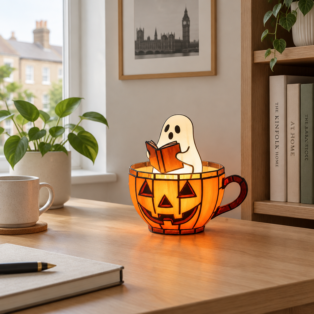 Glowboo stained glass pumpkin teacup lamp with reading ghost on a desk in daylight
