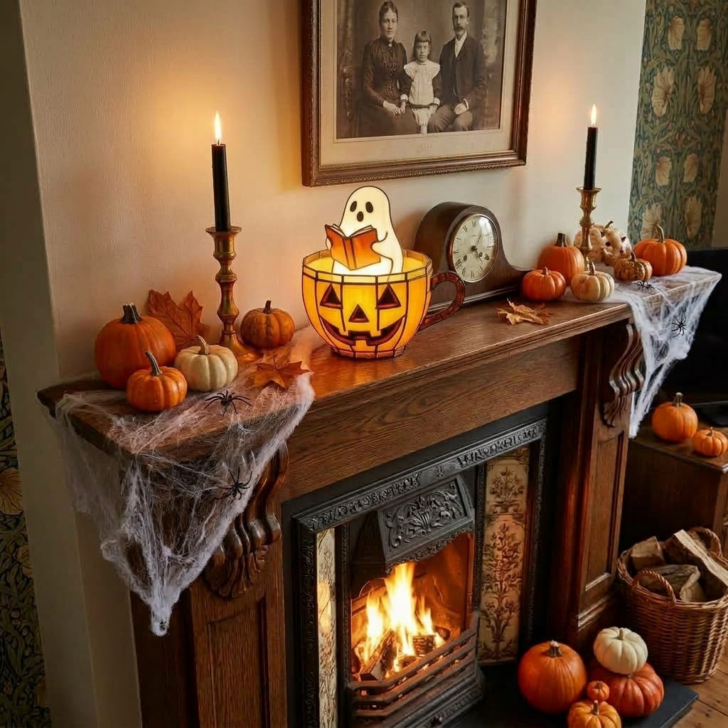 Glowboo pumpkin teacup lamp displayed on a Halloween-decorated fireplace mantel with pumpkins and cobwebs