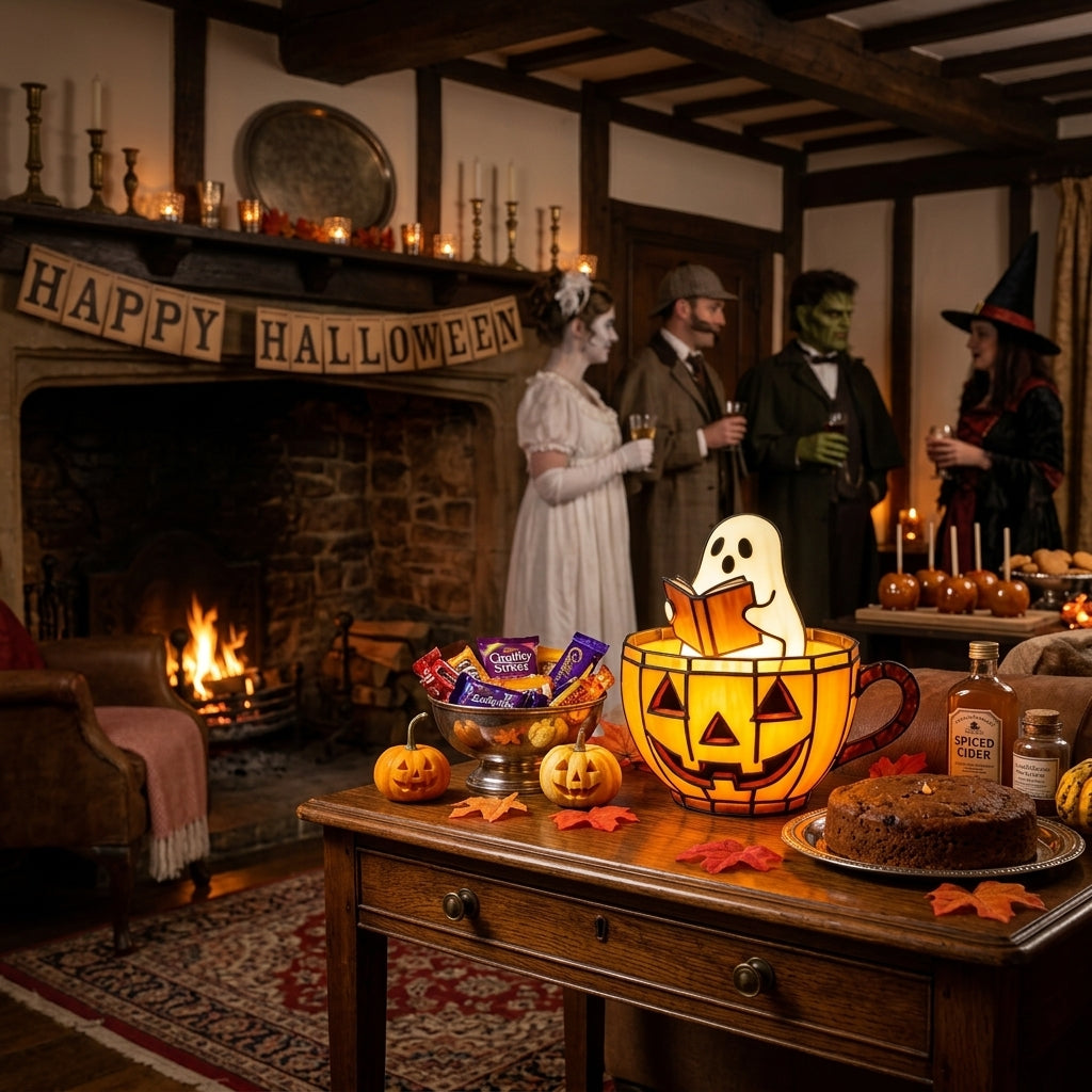 Glowboo pumpkin teacup lamp on a table at a Halloween party with costumed guests and festive decor