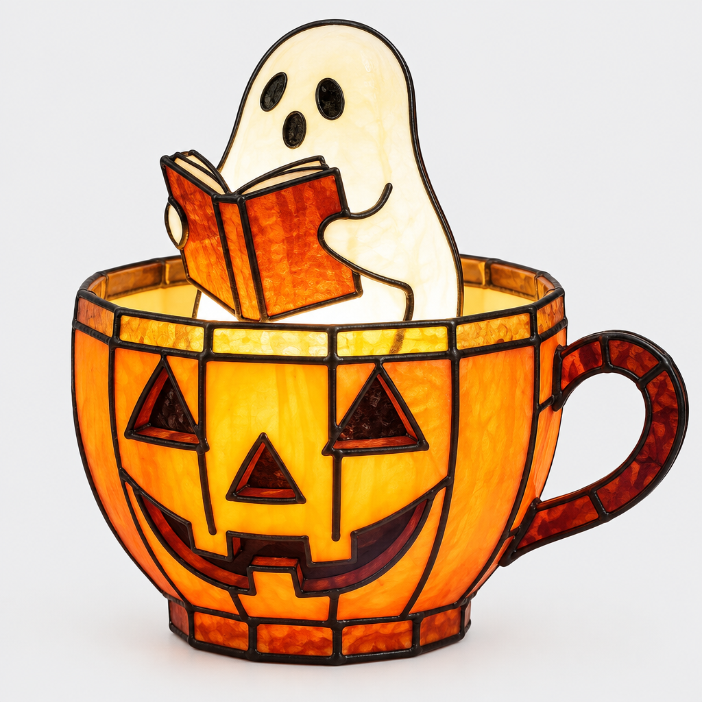 Glowboo stained glass pumpkin teacup lamp with reading ghost figure, studio hero shot on white background