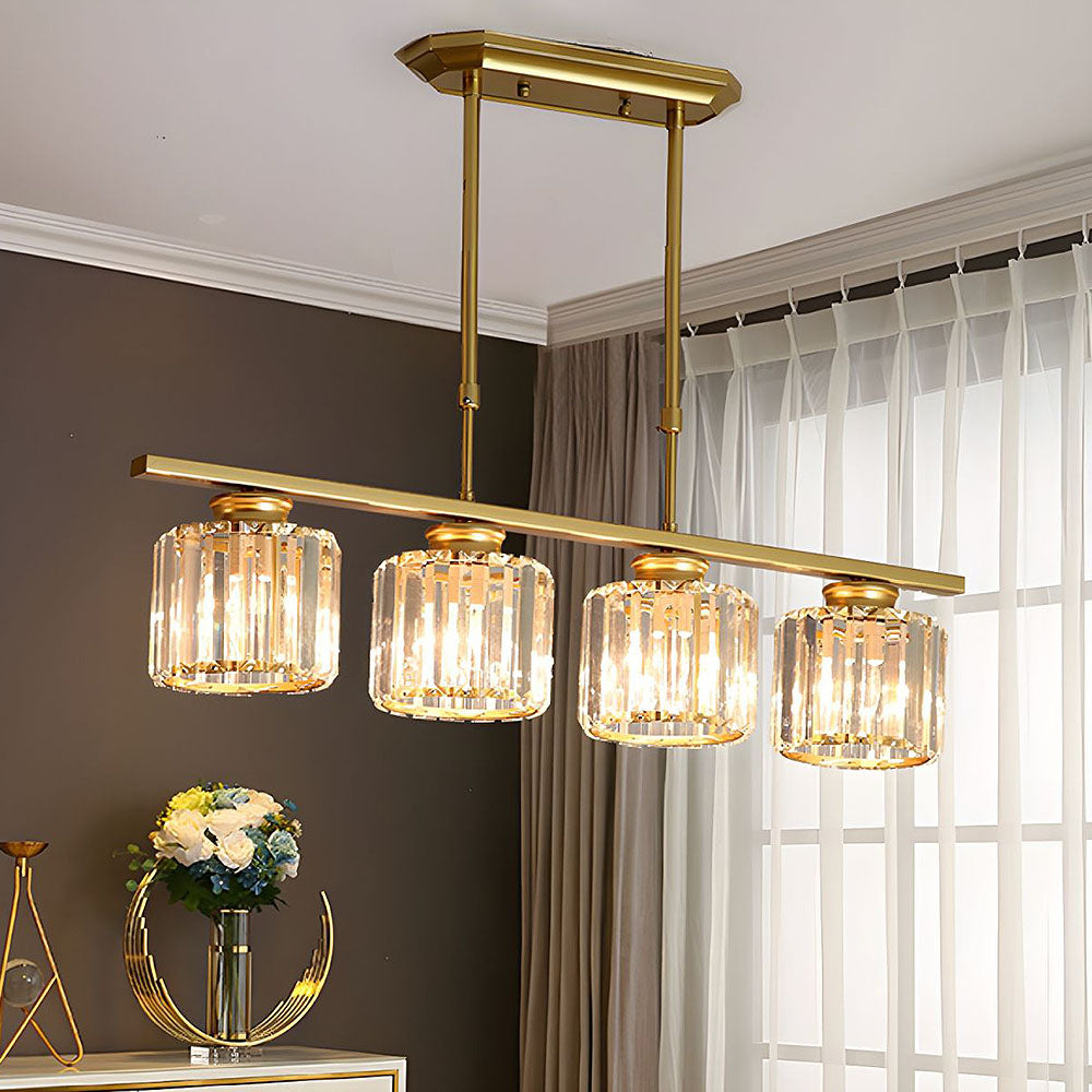 Elegant gold 4-light round ribbed glass pendant light glowing warmly near draped curtains