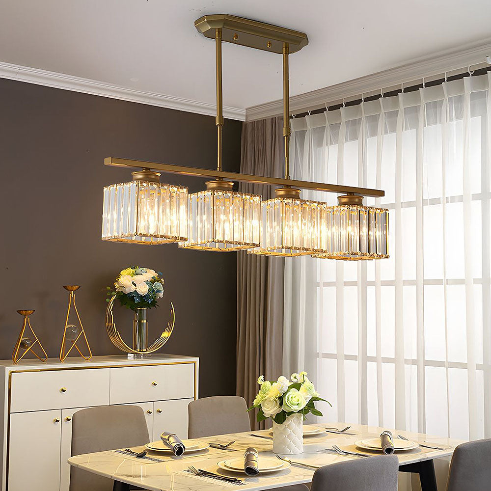 Gold 4-light square ribbed glass chandelier illuminating a classic dining room setting