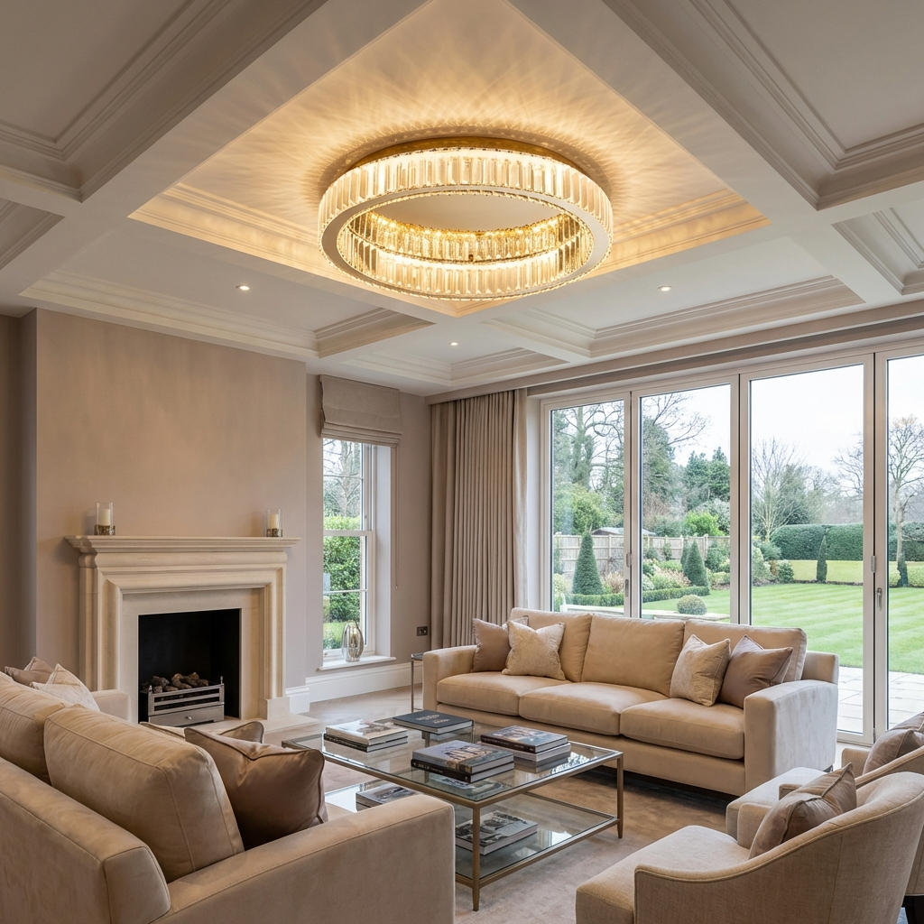 Luxurious gold crystal ring ceiling fixture providing ambient light in a modern living space