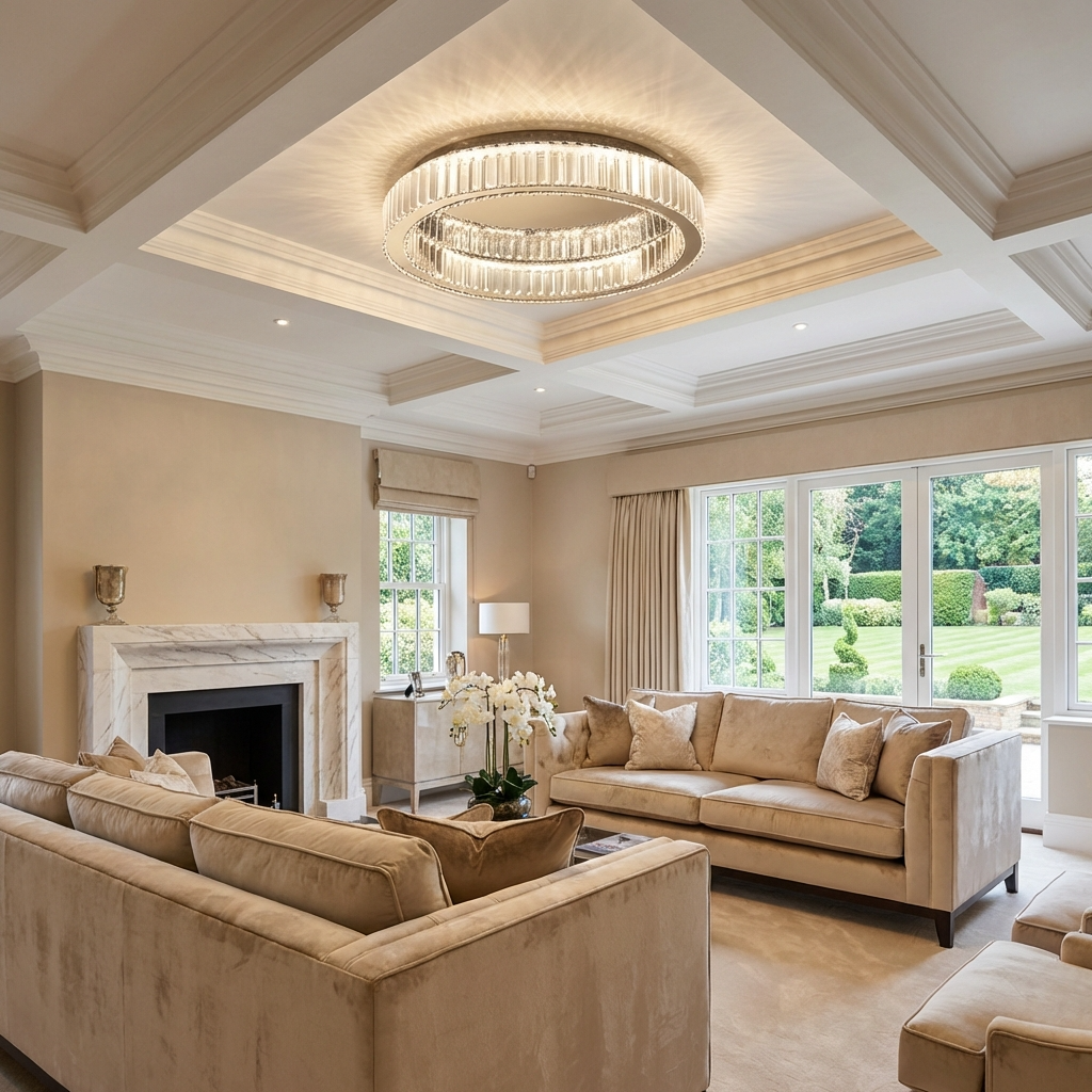 Modern gold crystal ring light mounted to the ceiling, illuminating a neutral-toned living room