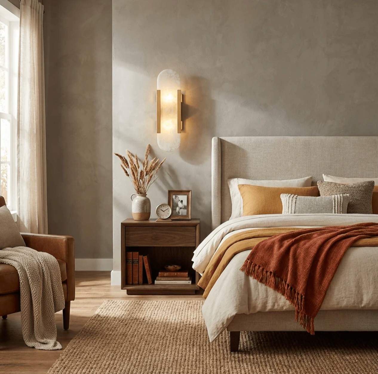 Gold pill-shaped marble sconce styled as an elegant bedside reading light in a neutral bedroom