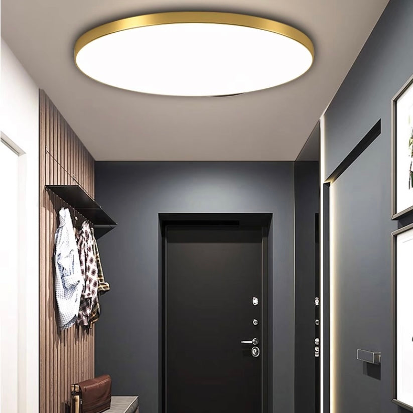 Gold ultra-thin round flush mount ceiling light illuminating a modern entryway corridor