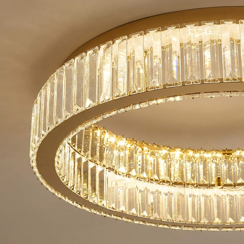 Close-up detail of the premium stainless steel frame and faceted crystals on the gold ring ceiling light