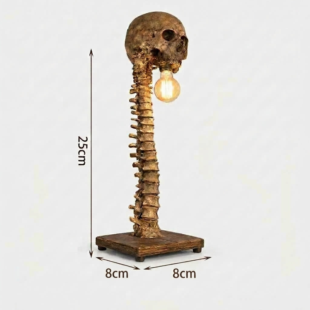 Golgotha skull and spine LED table lamp size chart: 25cm tall, 8cm x 8cm base