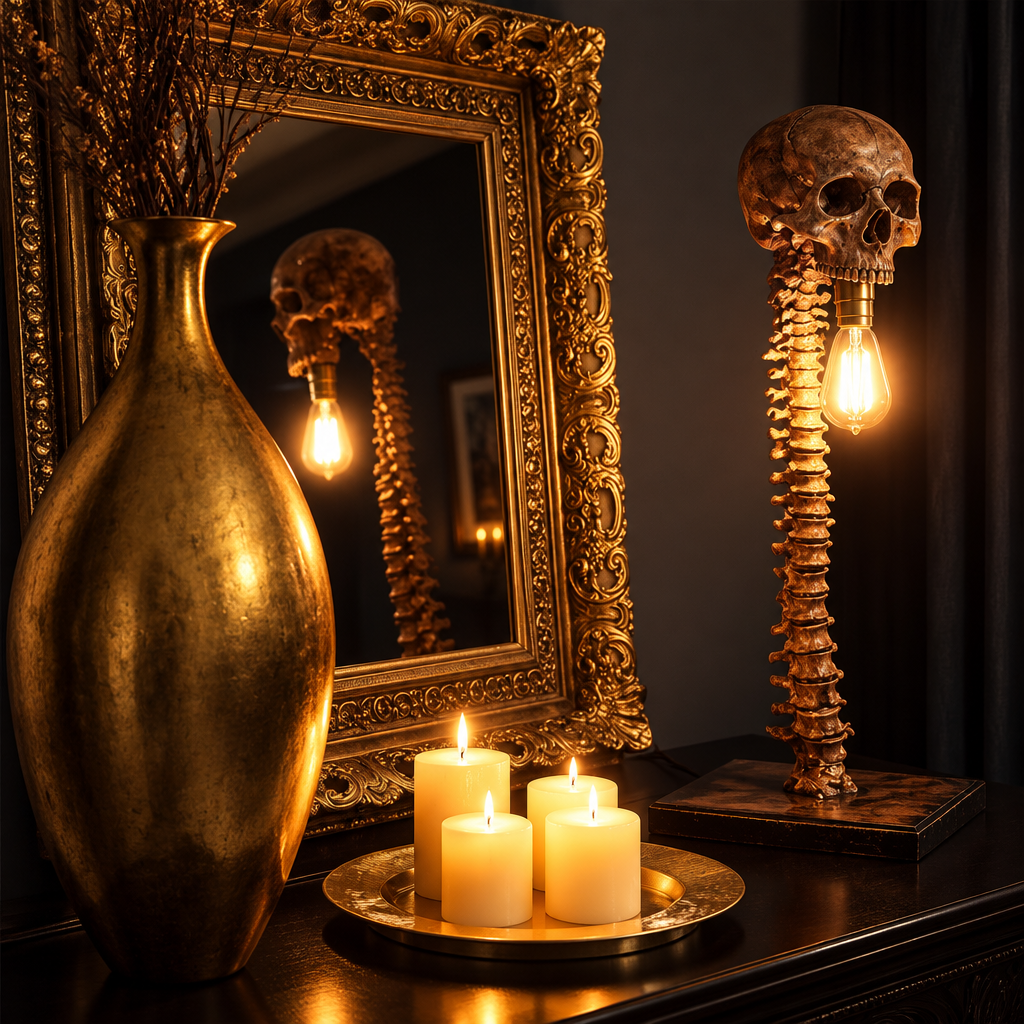 Golgotha skull and spine LED table lamp glowing beside a gold-framed mirror and lit candles in a gothic interior