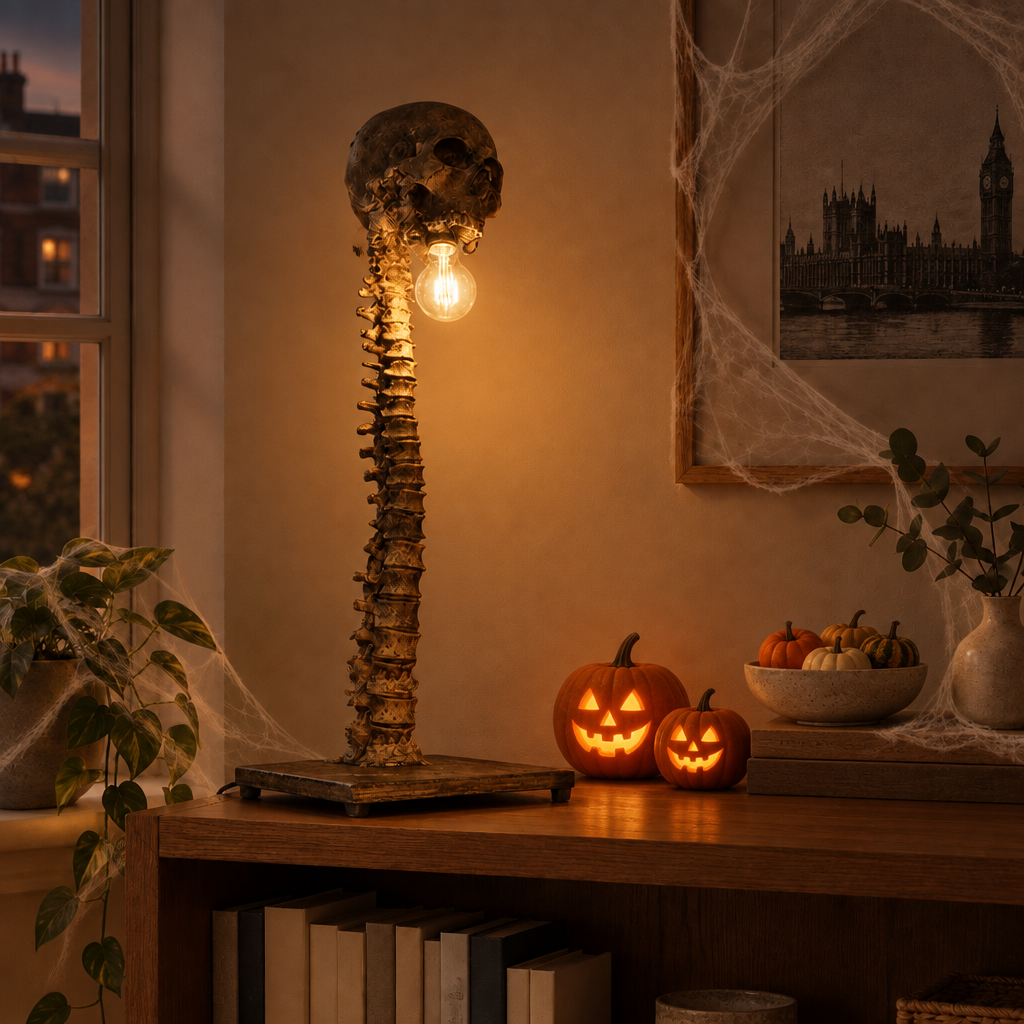 Golgotha skull and spine LED table lamp glowing on a bookshelf at dusk with cobwebs and jack-o'-lanterns