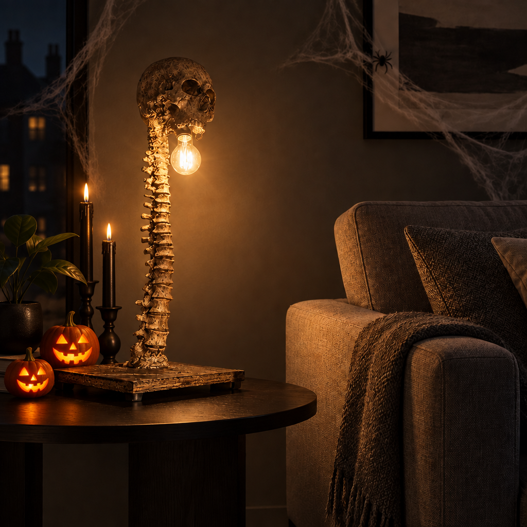 Golgotha skull and spine LED table lamp glowing on a side table with jack-o'-lanterns, black taper candles and cobwebs