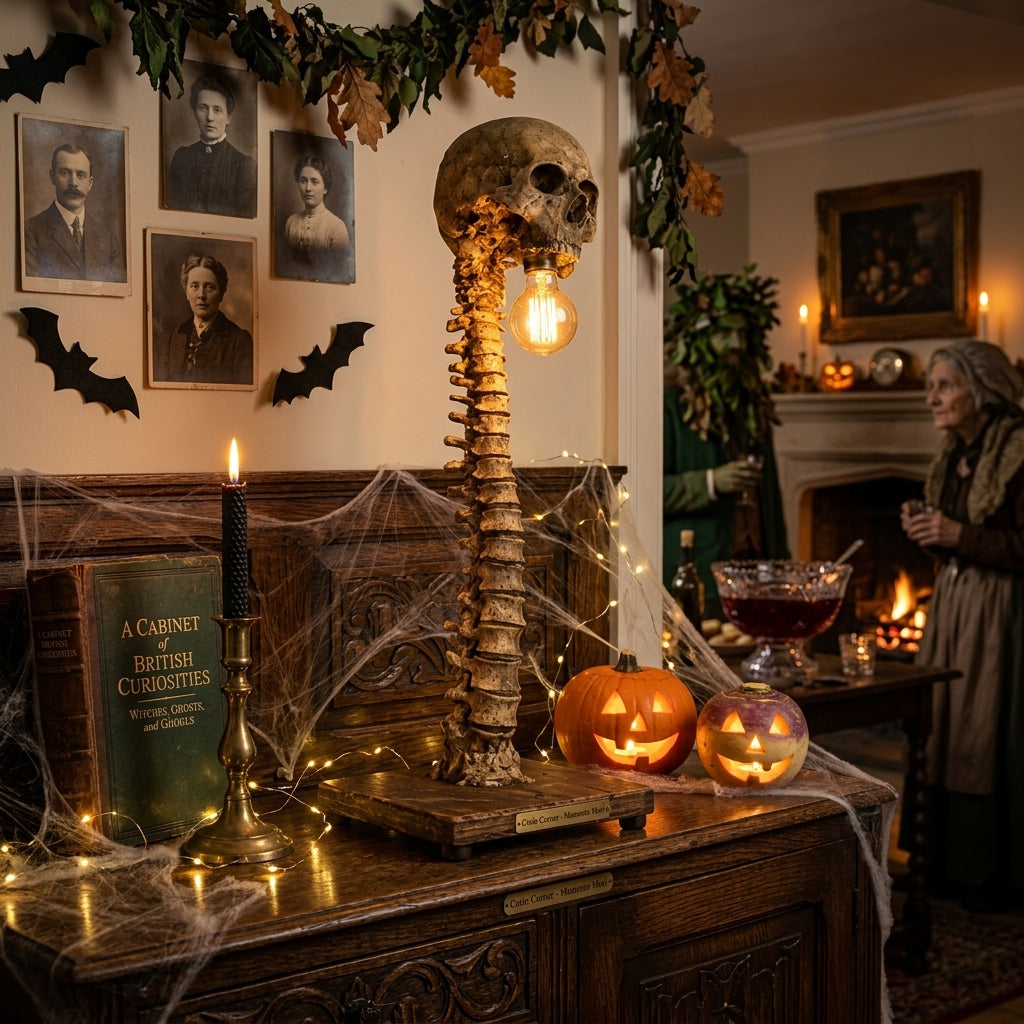 Golgotha skull and spine LED table lamp glowing on a sideboard at a Victorian-style Halloween party with cobwebs, jack-o'-lanterns, bats and fairy lights
