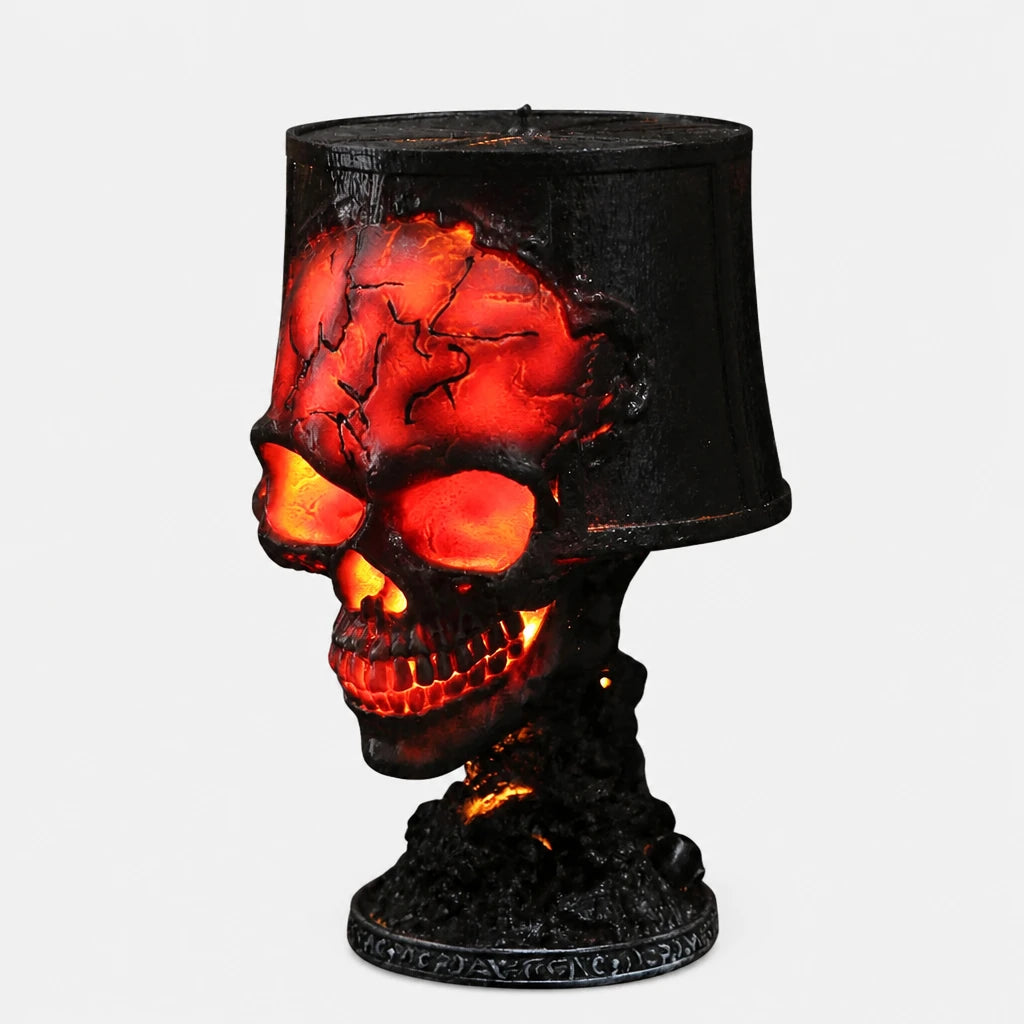 Gorren gothic skull lava lamp with glowing cracked lava-effect surface on a plain studio background
