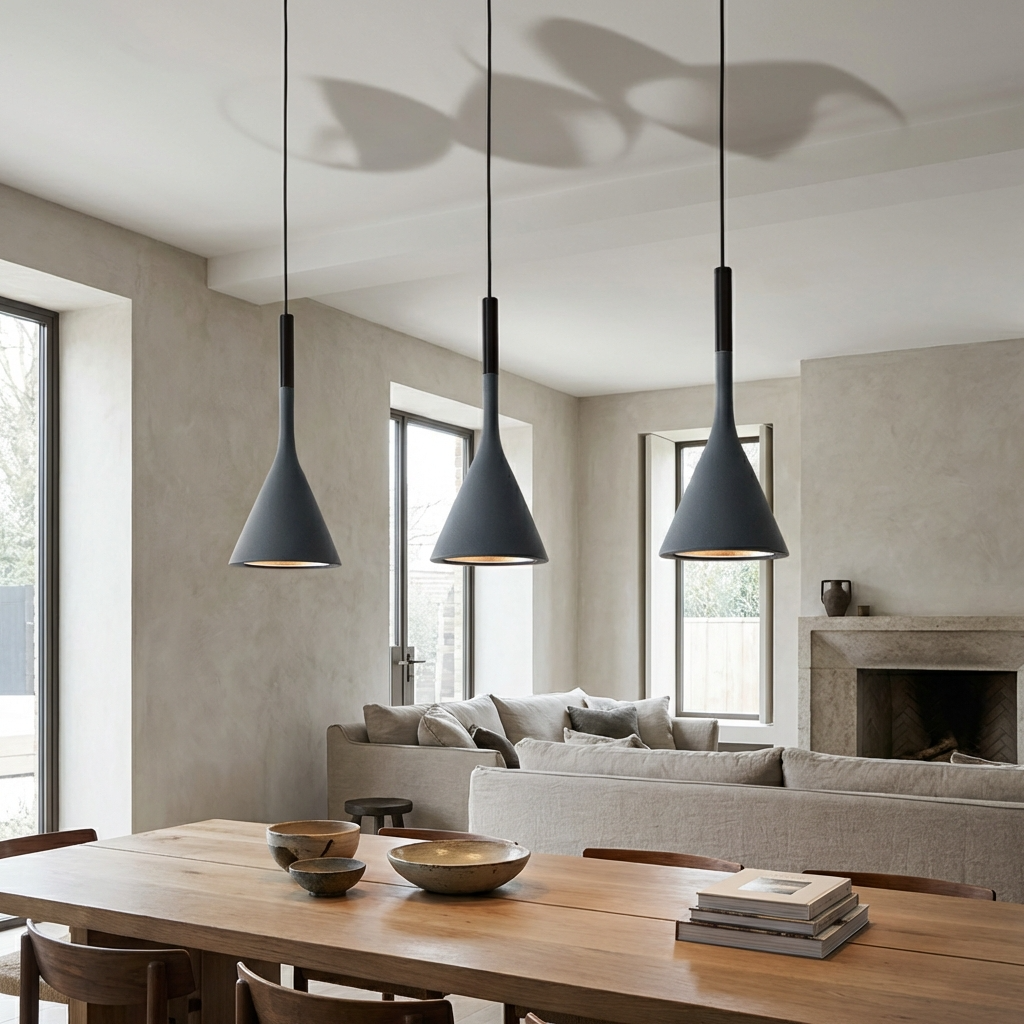 Graphite funnel pendant lights hanging in a row over a bright dining space