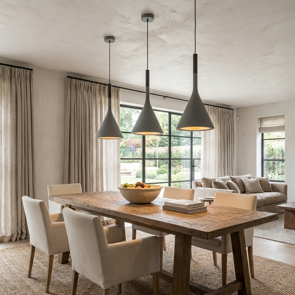 Graphite resin funnel pendants suspended elegantly over a wooden dining table in a modern home