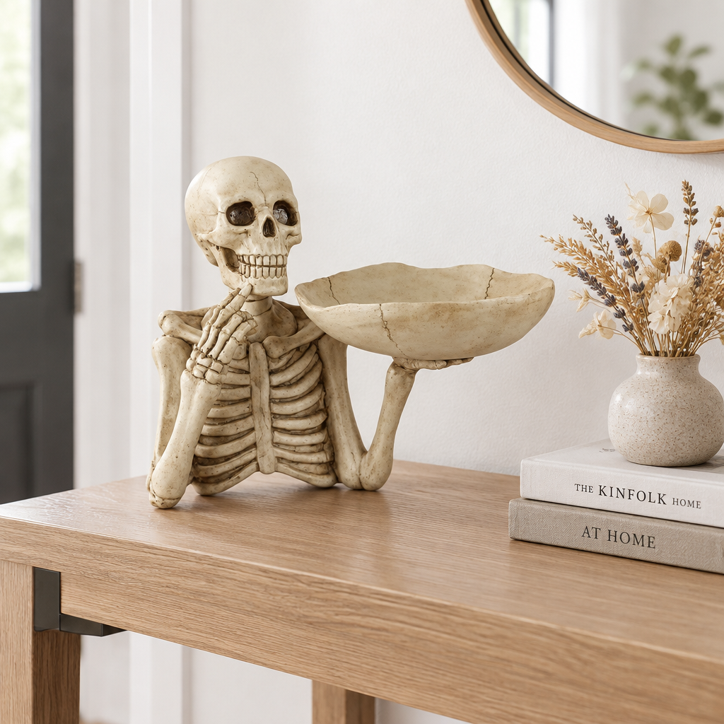 Graveplate resin skeleton dish used as a key and trinket tray on a modern entryway console table